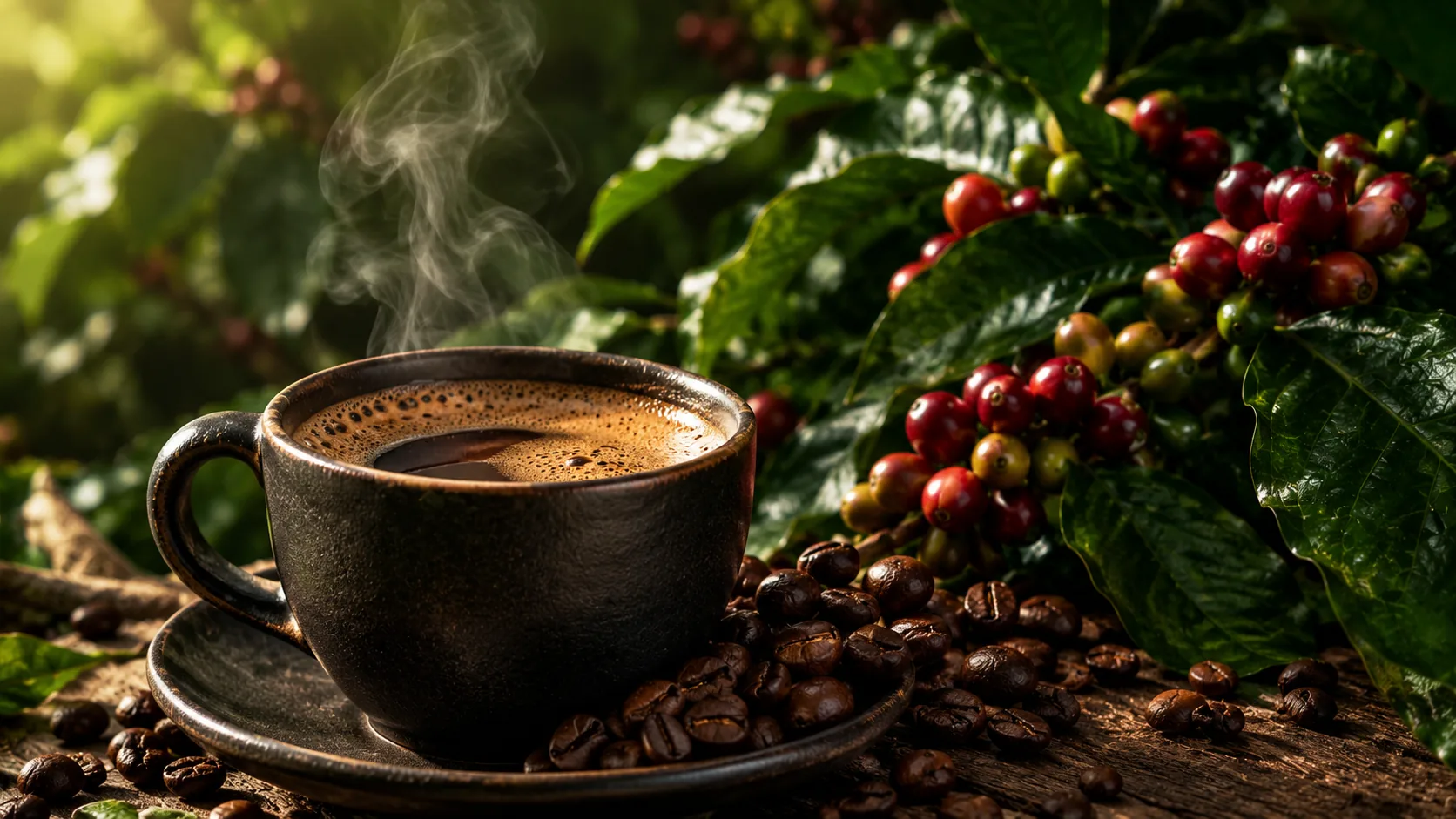 A steaming cup of coffee among ripe coffee cherries